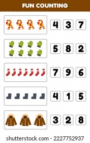 Education game for children fun counting and choosing the correct number of cute cartoon scarf mitten sock boot jacket printable winter worksheet