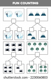 Education game for children fun counting picture in each box of cute cartoon polar bear mountain den tree printable winter worksheet