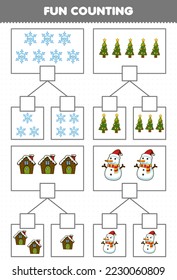 Education game for children fun counting picture in each box of cute cartoon snowflake christmas tree house snowman printable winter worksheet