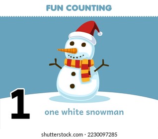 Education game for children fun counting one white snowman printable winter worksheet