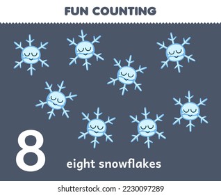 Erziehungsspiel für Kinder, die Spaß beim Zählen von acht Schneeflocken haben, druckbares Winterblatt
