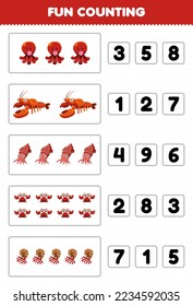 Juego de educación para niños conteo divertido y elección del número correcto de caricatura lindo pulpo bogavante cangrejo de sepia imprimible bajo el agua hoja de cálculo