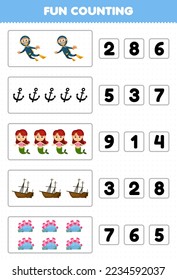 Education game for children fun counting and choosing the correct number of cute cartoon diver anchor mermaid wrecked ship coral printable underwater worksheet