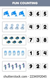 Education game for children fun counting and choosing the correct number of cute cartoon dolphin squid fish jellyfish seahorse printable underwater worksheet
