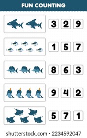 Juego de educación para niños conteo divertido y elección del número correcto de tiburones caricaturizados peces narwhal manta hoja de cálculo bajo el agua imprimible