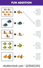 Education game for children fun counting and add one more cartoon fish then choose the correct number underwater worksheet