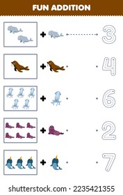 Education game for children fun counting and add one more cartoon beluga walrus squid seal narwhal then choose the correct number underwater worksheet