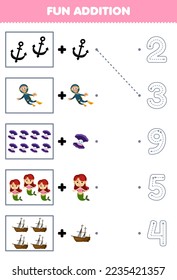 Education game for children fun counting and add one more cartoon anchor diver shell mermaid wrecked ship then choose the correct number underwater worksheet
