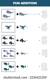 Education game for children fun counting and add one more cartoon whale orca fish narwhal then choose the correct number underwater worksheet