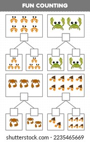 Education game for children fun counting picture in each box of cute cartoon crab printable underwater worksheet