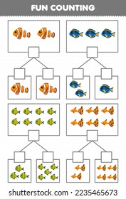 Education game for children fun counting picture in each box of cute cartoon fish printable underwater worksheet