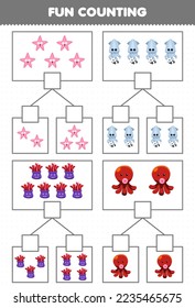 Juego de educación para niños diversión contando imágenes en cada caja de dibujos animados lindo starfish calamar anemone pulpo imprimible bajo el agua hoja de cálculo