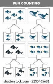 Education game for children fun counting picture in each box of cute cartoon shark whale orca narwhal printable underwater worksheet