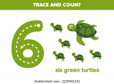 Education game for children fun counting six green turtles printable underwater worksheet