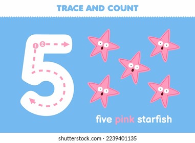 Education game for children fun counting five pink starfish printable underwater worksheet