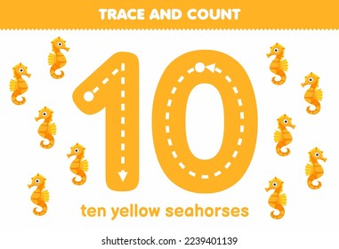 Education game for children fun counting ten yellow seahorses printable underwater worksheet