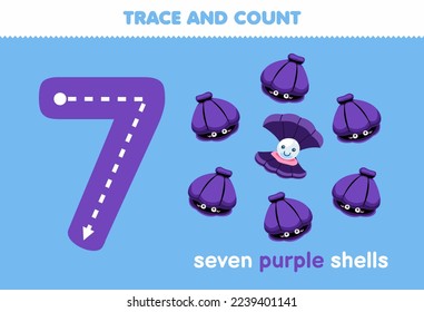 Education game for children fun counting seven purple shells printable underwater worksheet