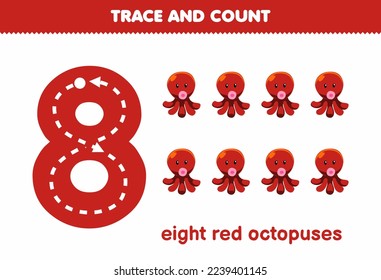 Education game for children fun counting eight red octopus printable underwater worksheet