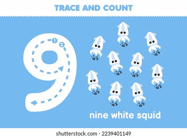 Education game for children fun counting nine white squid printable underwater worksheet