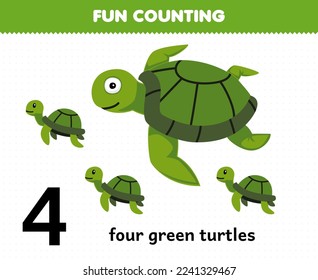 Education game for children fun counting four green turtles printable underwater worksheet