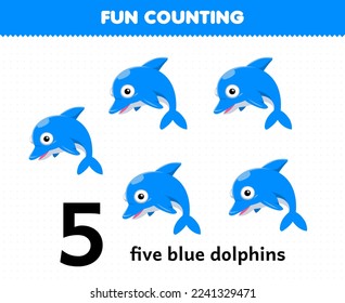 Education game for children fun counting fie blue dolphins printable underwater worksheet