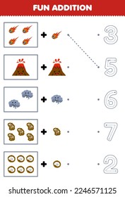 Juego de educación para niños contando divertidos y agregando un fósil de humo de meteorito de dibujos animados más y luego elija el número correcto de hoja de cálculo de la naturaleza