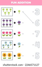 Juego de educación para niños conteo divertido y añadir una flor de dibujos animados más y luego elegir el número correcto de hoja de cálculo de la naturaleza