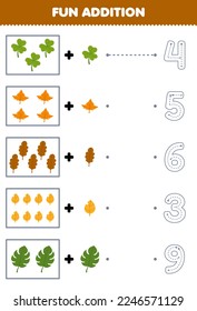 Juego de educación para niños conteo divertido y añadir una hoja de dibujos animados más y luego elegir el número correcto de hoja de cálculo de la naturaleza