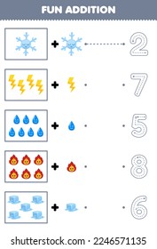 Education game for children fun counting and add one more cartoon snowflake thunder water fire ice then choose the correct number nature worksheet