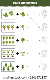 Education game for children fun counting and add one more cartoon tree then choose the correct number nature worksheet