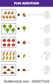 Juego de educación para niños conteo divertido y añadir una caricatura más árbol de judías manzana suelo de zanahoria a continuación elegir el número correcto hoja de cálculo de la naturaleza