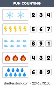 Education game for children fun counting and choosing the correct number of cute cartoon snowflake thunder ice fire water printable nature worksheet