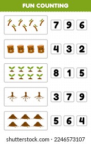 Education game for children fun counting and choosing the correct number of cute cartoon branch wood log plant root soil printable nature worksheet