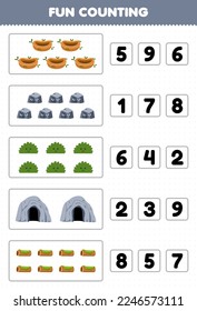 Education game for children fun counting and choosing the correct number of cute cartoon nest stone bush cave wood log printable nature worksheet