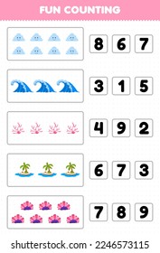 Education game for children fun counting and choosing the correct number of cute cartoon cloud wave coral island printable nature worksheet