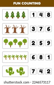 Education game for children fun counting and choosing the correct number of cute cartoon tree printable nature worksheet