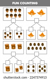 Education game for children fun counting picture in each box of cute cartoon acorn maple leaf wood log pinecone printable nature worksheet