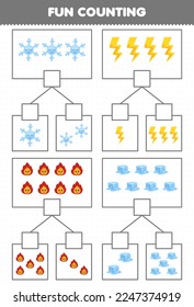 Education game for children fun counting picture in each box of cute cartoon snowflake thunder fire ice printable nature worksheet