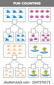 Education game for children fun counting picture in each box of cute cartoon wave coral sand island printable nature worksheet