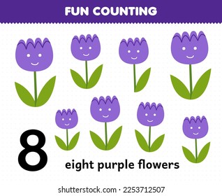 Juego de educación para niños diversión contando ocho flores púrpuras hoja de cálculo de la naturaleza imprimible