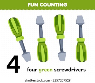 Education game for children fun counting four green screwdriver printable tool worksheet