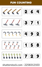 Education game for children fun counting and choosing the correct number of cute cartoon hoe rake sickle fork shovel printable tool worksheet