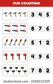 Education game for children fun counting and choosing the correct number of cute cartoon pickaxe saw chisel axe hammer printable tool worksheet
