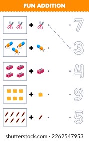 Education game for children fun counting and add one more cartoon scissor eraser sharpener pencil then choose the correct number tool worksheet