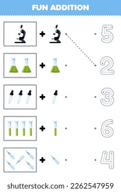 Education game for children fun counting and add one more cartoon microscope beaker dropper test tube syringe then choose the correct number tool worksheet