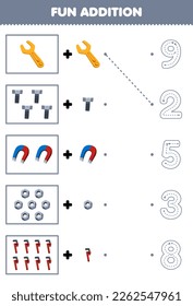 Education game for children fun counting and add one more cartoon wrench bolt magnet nut then choose the correct number tool worksheet