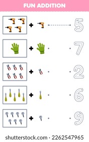 Education game for children fun counting and add one more cartoon drill glove pliers screwdriver screw then choose the correct number tool worksheet