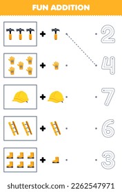Education game for children fun counting and add one more cartoon hammer glove helm ladder boot then choose the correct number tool worksheet