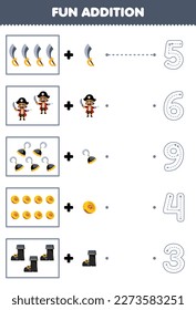 Education game for children fun counting and add one more cartoon sword man hook coin boot then choose the correct number pirate worksheet