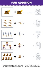 Education game for children fun counting and add one more cartoon hat gun sword man boot then choose the correct number pirate worksheet